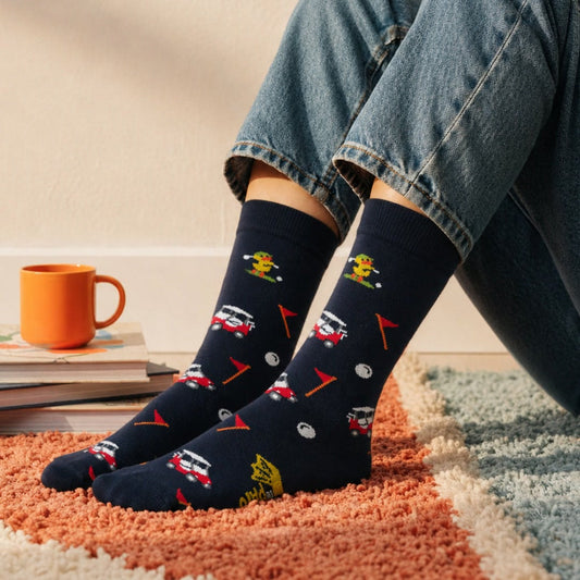 Calcetas Pato Green puestas, con jeans y una taza de café
